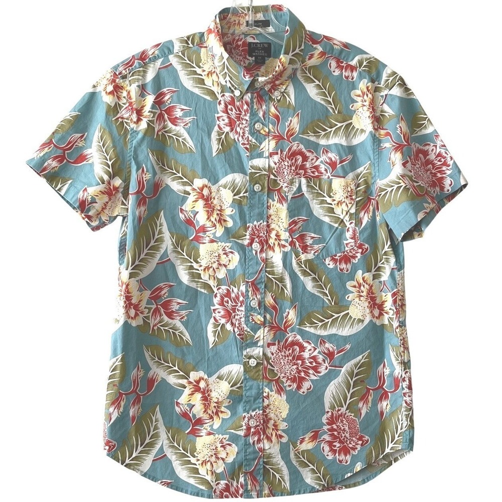 J. Crew Men's Shirt M Blue Floral Slim Fit Flex Washed Hawaiian Short Sleeve